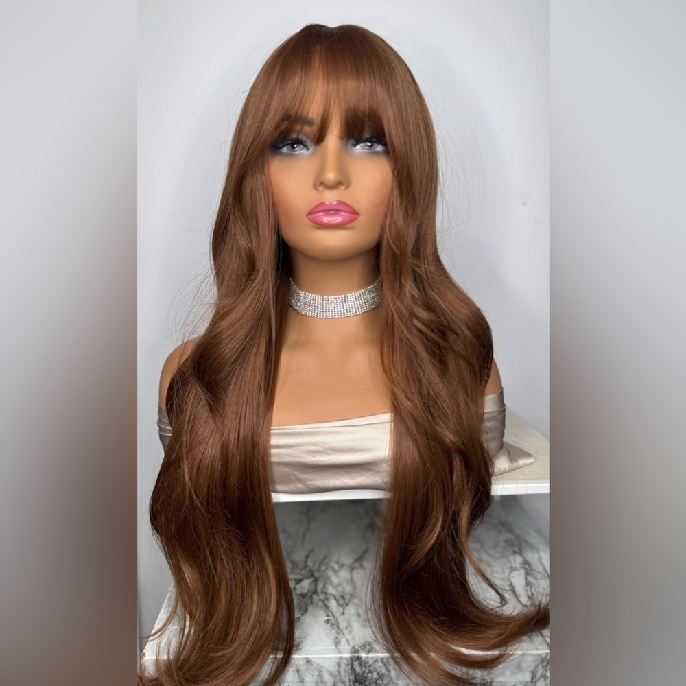 Chestnut Long Wavy Wig with Bangs - Women Hair Wigs & Extensions